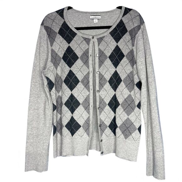 Women's Gray Argyle Long Sleeve Cardigan Sweater Twee Preppy Teacher Academia L - Picture 1 of 8